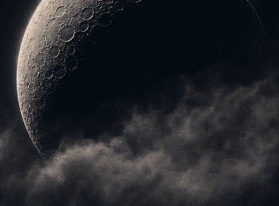 A softly lit crescent moon emerging through clouds at night