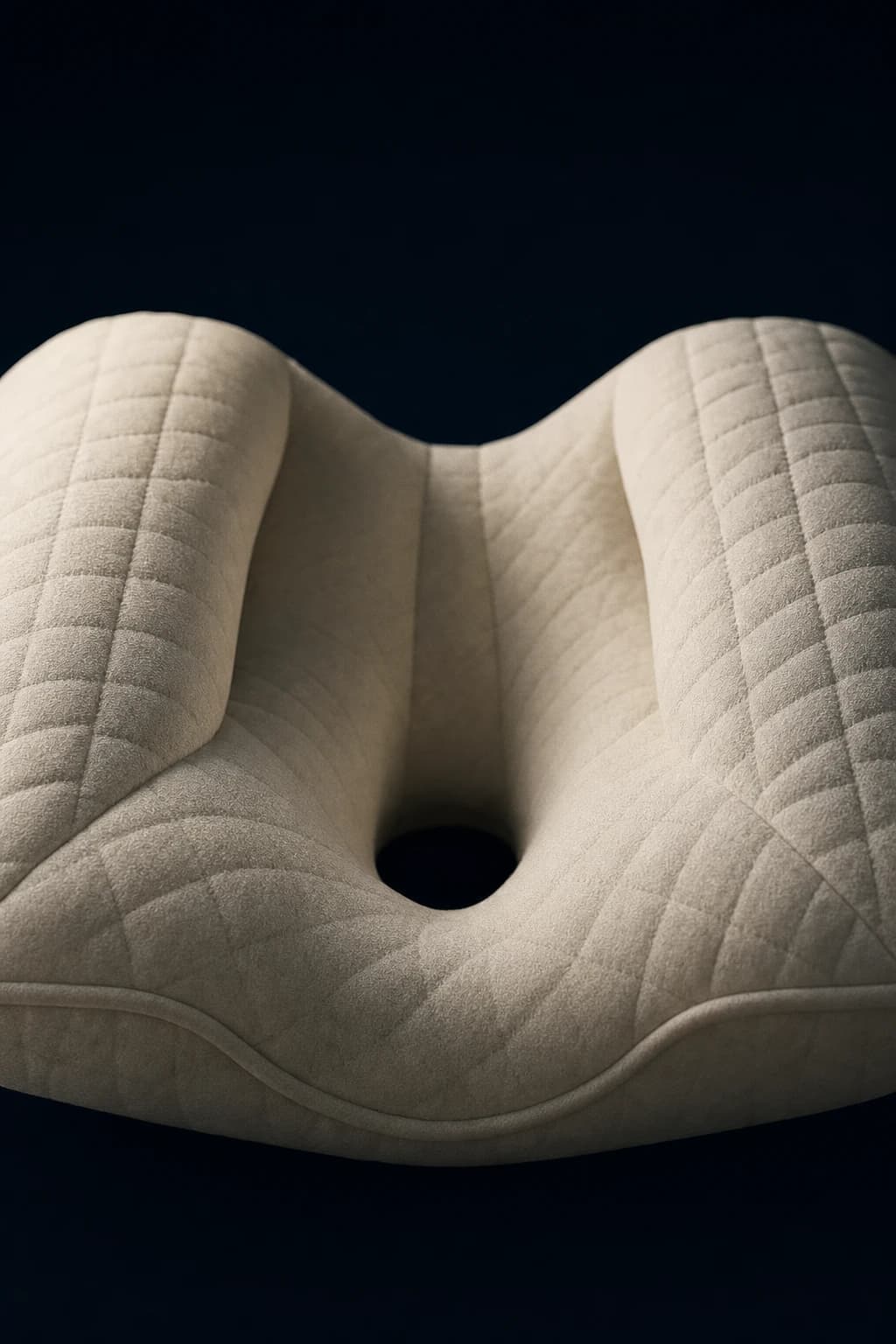 A sculptural ivory pillow resting on midnight bedding in soft moonlight