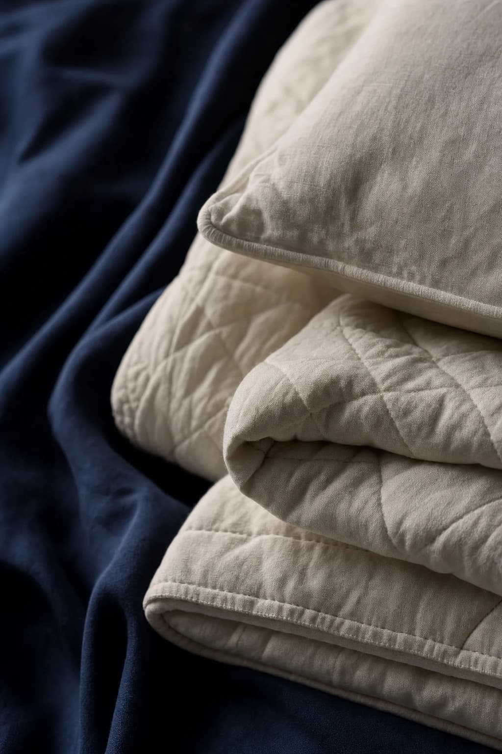 Folded ivory quilted bedding and a softly lit pillow edge on midnight fabric